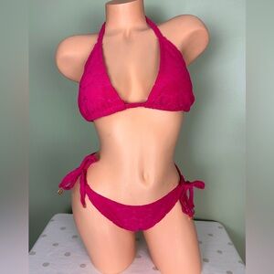 KATE SPADE SEASHELL TERRY CLOTH TEXTURED STRING BIKINI SET PINK FUCHSIA SZ LARGE